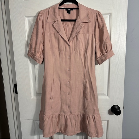 Paige Mayslie dress size S, button front, flounce hem, belt, textured, Twee - Picture 2 of 15